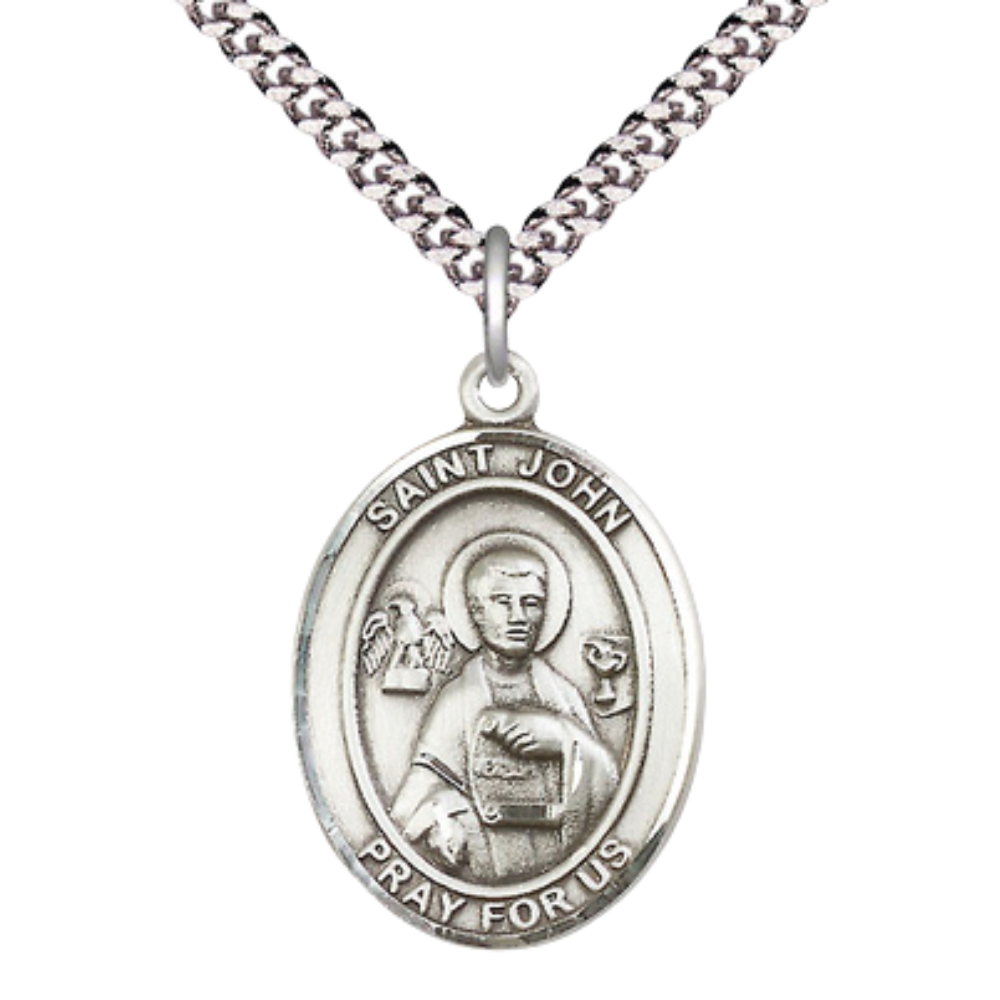 Everlasting Light Jewelry Saint John the Apostle Men's Pewter Medal Necklace – Patron Saint of Engravers & Printers – 24” Endless Rhodium Plated Chain – Velvet Gift Box