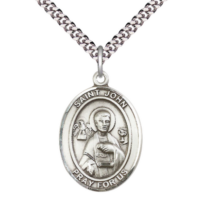 Everlasting Light Jewelry Saint John the Apostle Men's Pewter Medal Necklace – Patron Saint of Engravers & Printers – 24” Endless Rhodium Plated Chain – Velvet Gift Box