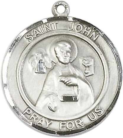 Women's Pewter Saint St. John the Apostle Large Medal Pendant on 18 Inch Rhodium Plated Lite Curb Brass Chain with Lobster Claw Clasp, Catholic Religious Necklace - Made in USA- Deluxe Velvet Gift Box