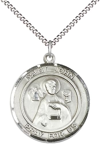 Women's Pewter Saint St. John the Apostle Large Medal Pendant on 18 Inch Rhodium Plated Lite Curb Brass Chain with Lobster Claw Clasp, Catholic Religious Necklace - Made in USA- Deluxe Velvet Gift Box