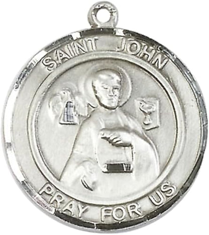 Women's .925 Sterling Silver Saint St. John the Apostle Medal Pendant on 18 Inch Rhodium Plated Lite Curb Brass Chain w/ Lobster Claw Clasp, Catholic Religious Necklace - Made in USA- Deluxe Velvet Gift Box