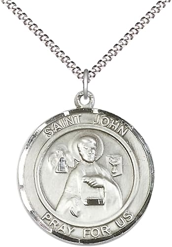 Women's .925 Sterling Silver Saint St. John the Apostle Medal Pendant on 18 Inch Rhodium Plated Lite Curb Brass Chain w/ Lobster Claw Clasp, Catholic Religious Necklace - Made in USA- Deluxe Velvet Gift Box