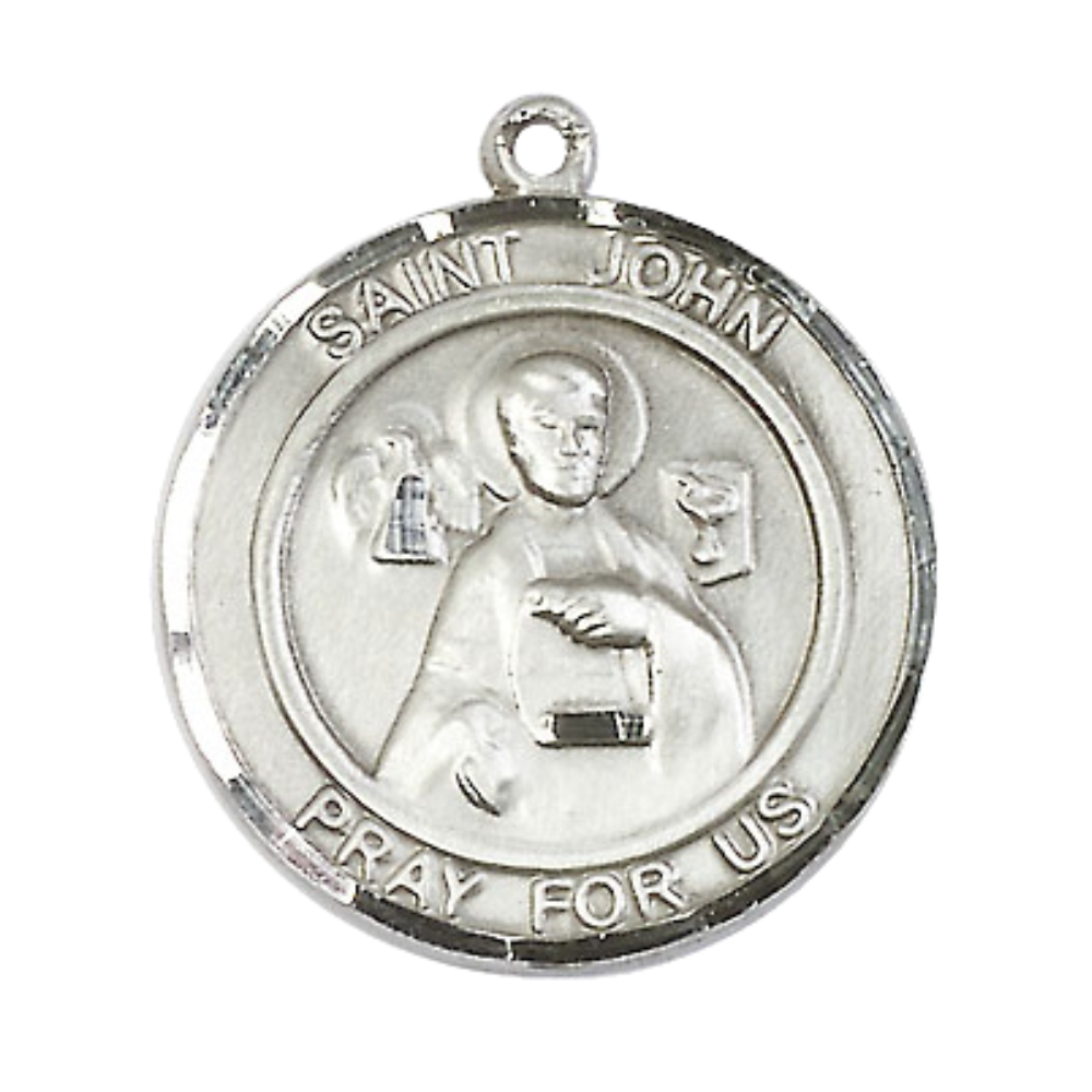 Mens Sterling Silver Saint John the Apostle Medal Pendant on 24" Rhodium Plated Heavy Curb Brass Chain with Lobster Claw clasp, Catholic Religious Necklace -Made in USA- Velvet Gift Box