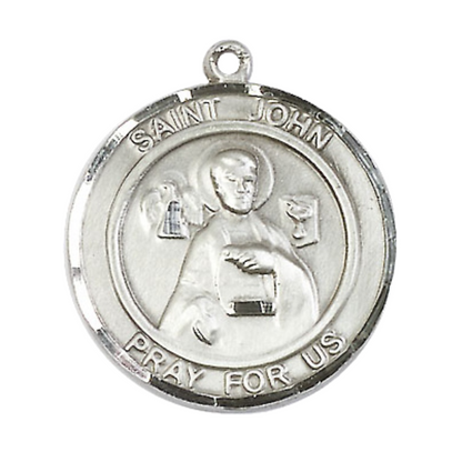 Mens Sterling Silver Saint John the Apostle Medal Pendant on 24" Rhodium Plated Heavy Curb Brass Chain with Lobster Claw clasp, Catholic Religious Necklace -Made in USA- Velvet Gift Box