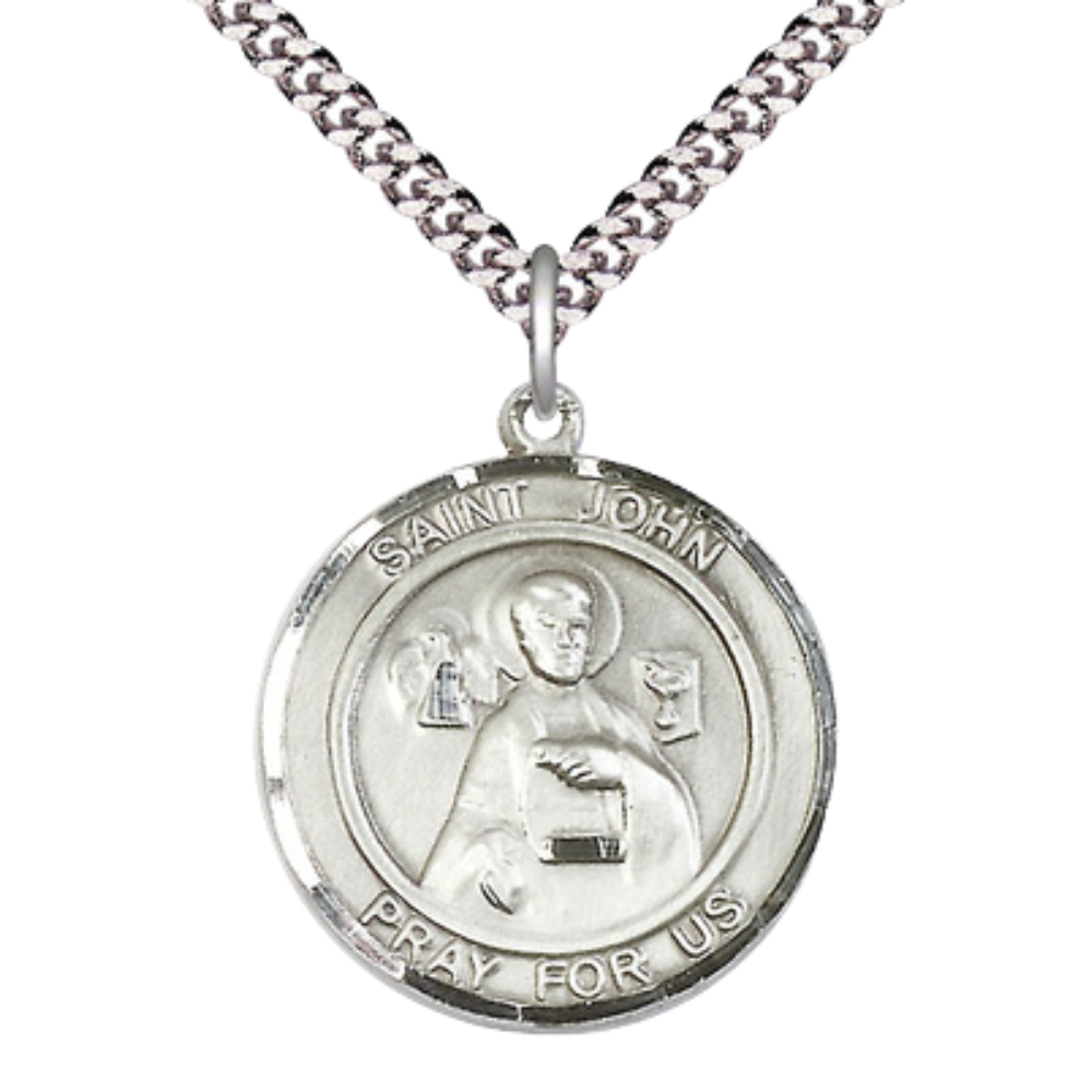 Mens Round Pewter Saint St. John the Apostle Medal Pendant on 24 Inch Rhodium Plated Heavy Curb Brass Chain with Lobster Claw clasp, Catholic Religious Necklace - Made in USA- Deluxe Velvet Gift Box