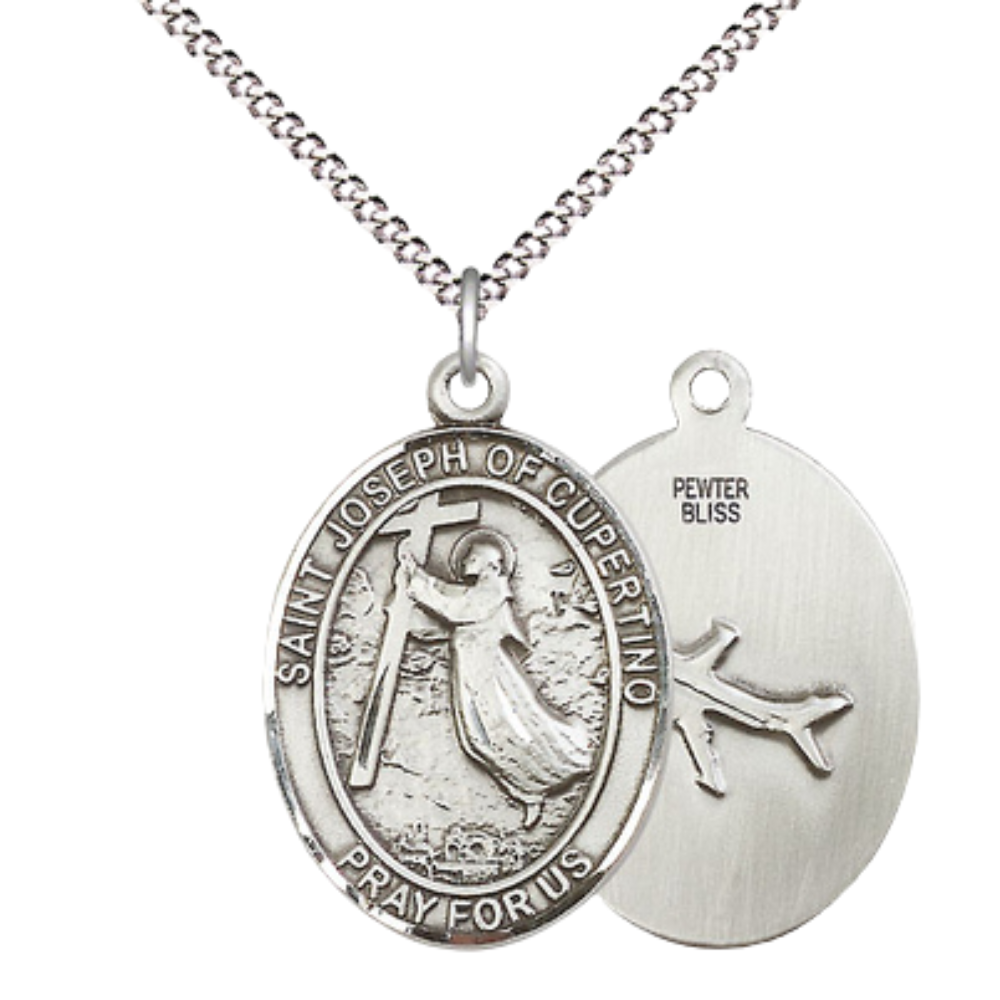 Women's Pewter Patron Saint St. Joseph of Cupertino Medal Pendant with 18 Inch Rhodium Plated Lite Curb Brass Chain Catholic Religious Necklace - Made in USA, Deluxe Velvet Gift Box