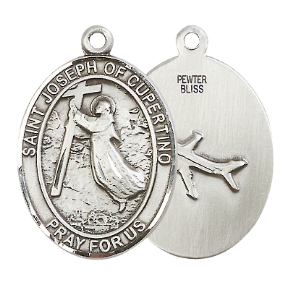 Women's Pewter Patron Saint St. Joseph of Cupertino Medal Pendant with 18 Inch Rhodium Plated Lite Curb Brass Chain Catholic Religious Necklace - Made in USA, Deluxe Velvet Gift Box