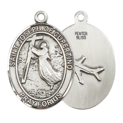 Women's Pewter Patron Saint St. Joseph of Cupertino Medal Pendant with 18 Inch Rhodium Plated Lite Curb Brass Chain Catholic Religious Necklace - Made in USA, Deluxe Velvet Gift Box