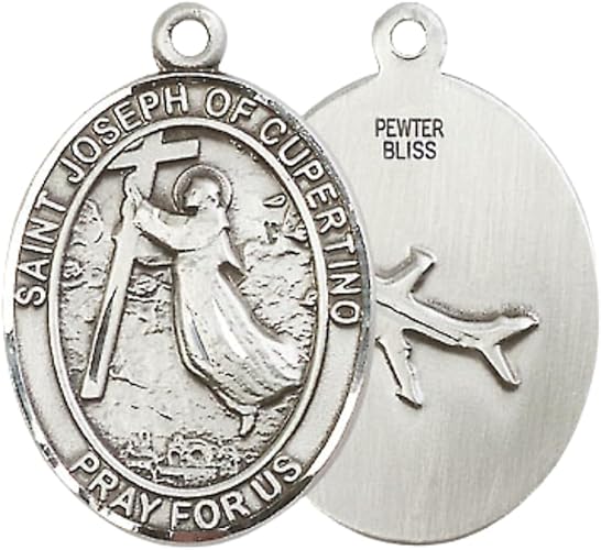 Everlasting Light Jewelry Saint St. Joseph of Cupertino Medal Necklace – Men's Pewter Pendant with 24 - Inch Endless Rhodium Plated Chain – Patron Saint St. of Pilots & Air Force, Catholic Medal – Velvet Gift Box Included