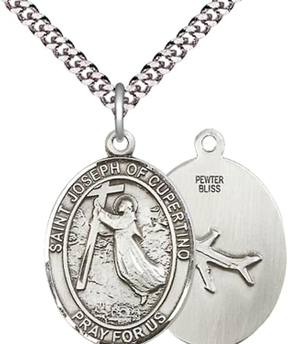 Mens Oval Pewter Saint St. Joseph of Cupertino Medal Pendant on 24 Inch Rhodium Plated Heavy Curb Brass Chain with Lobster Claw clasp, Catholic Religious Necklace - Made in USA - Velvet Gift Box
