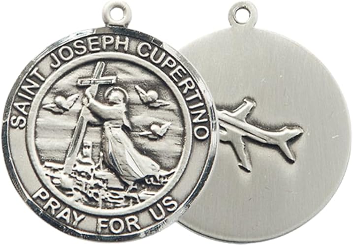 Women's Pewter Saint St. Joseph of Cupertino Medal Pendant on 18 Inch Rhodium Plated Lite Curb Brass Chain with Lobster Claw Clasp, Catholic Religious Necklace - Made in USA- Deluxe Velvet Gift Box