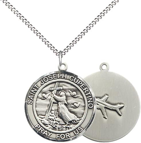 Women's Pewter Saint St. Joseph of Cupertino Medal Pendant on 18 Inch Rhodium Plated Lite Curb Brass Chain with Lobster Claw Clasp, Catholic Religious Necklace - Made in USA- Deluxe Velvet Gift Box