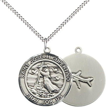 Women's Pewter Saint St. Joseph of Cupertino Medal Pendant on 18 Inch Rhodium Plated Lite Curb Brass Chain with Lobster Claw Clasp, Catholic Religious Necklace - Made in USA- Deluxe Velvet Gift Box