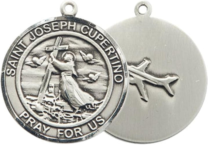 Mens Round Pewter Saint St. Joseph of Cupertino Medal Pendant on 24 Inch Rhodium Plated Heavy Curb Brass Chain with Lobster Claw clasp, Catholic Religious Necklace - Made in USA- Velvet Gift Box