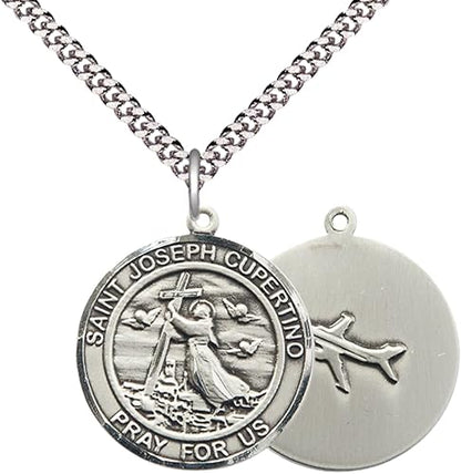 Mens Round Pewter Saint St. Joseph of Cupertino Medal Pendant on 24 Inch Rhodium Plated Heavy Curb Brass Chain with Lobster Claw clasp, Catholic Religious Necklace - Made in USA- Velvet Gift Box