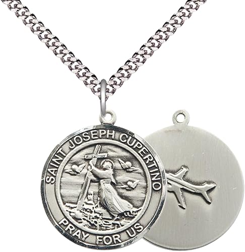 Men's Pewter Saint St. Joseph of Cupertino Medal Pendant Christian Necklace – 1" x ?" – 24 Inch Endless Rhodium Plated Chain – Patron Saint St. of Pilots & Air Force, Catholic Medal – Velvet Gift Box Included Included