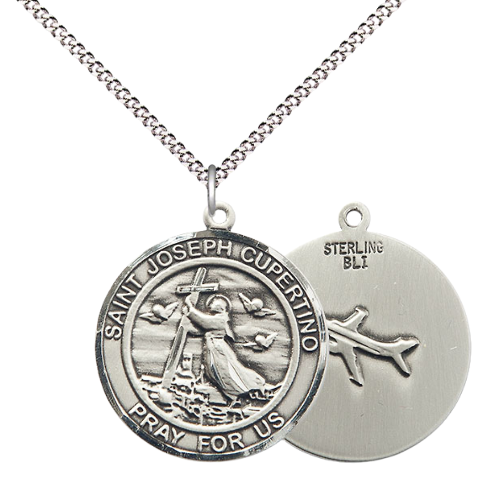Women's .925 Sterling Silver Saint St. Joseph of Cupertino Medal Pendant on 18 Inch Rhodium Plated Lite Curb Brass Chain w/ Lobster Claw Clasp, Catholic Religious Necklace - Made in USA- Deluxe Velvet Gift Box