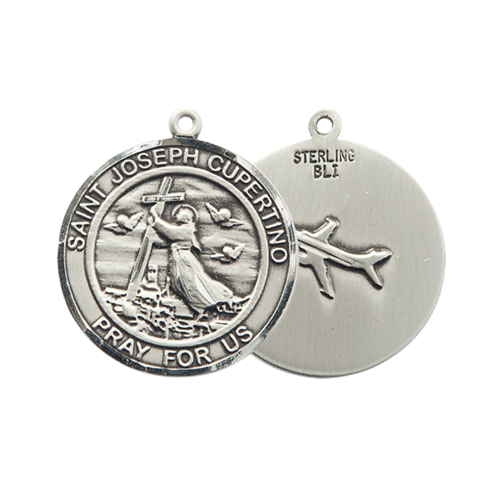 Women's .925 Sterling Silver Saint St. Joseph of Cupertino Medal Pendant on 18 Inch Rhodium Plated Lite Curb Brass Chain w/ Lobster Claw Clasp, Catholic Religious Necklace - Made in USA- Deluxe Velvet Gift Box