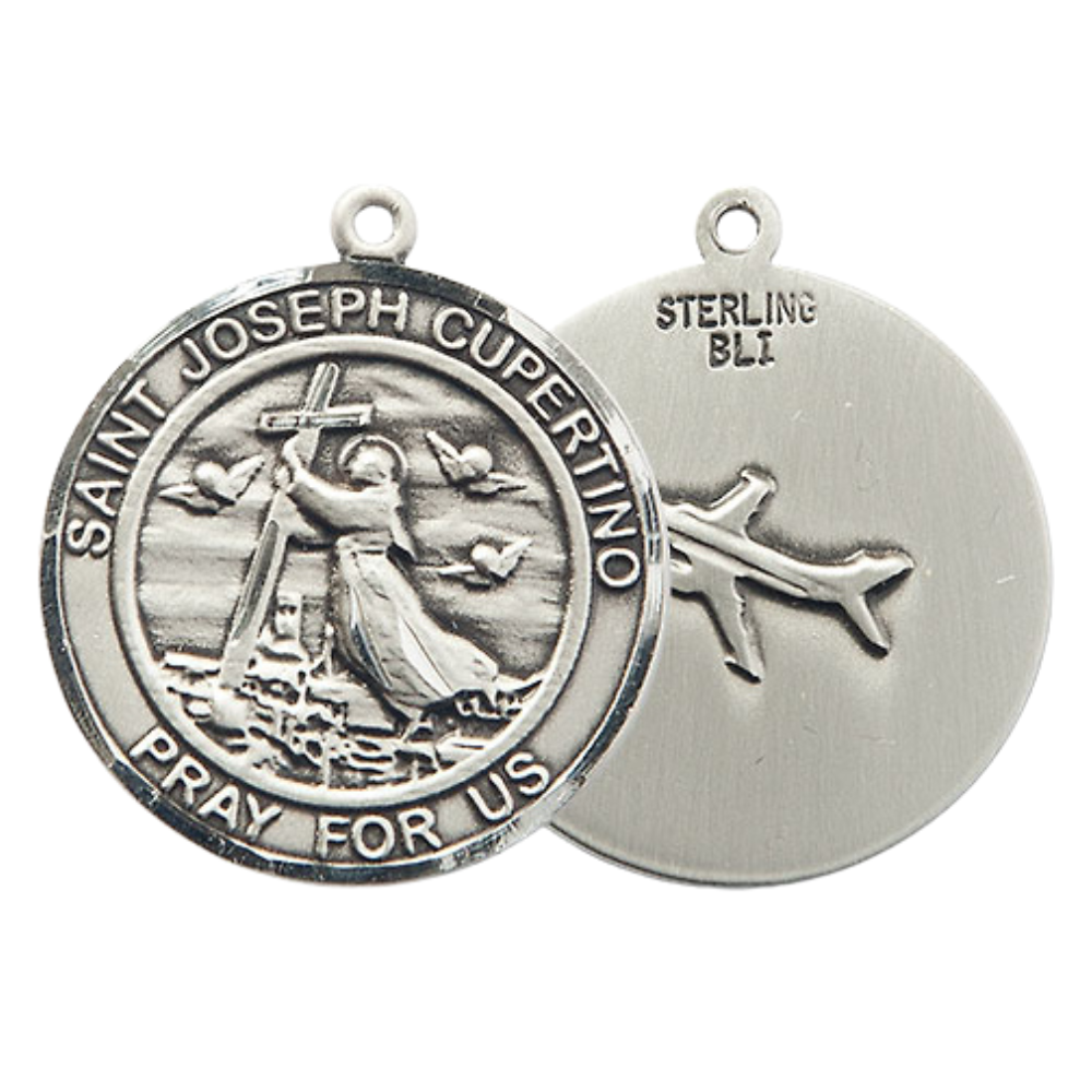 Mens Sterling Silver Saint Joseph of Cupertino Medal Pendant on 24" Rhodium Plated Heavy Curb Brass Chain with Lobster Claw clasp, Catholic Religious Necklace -Made in USA- Velvet Gift Box