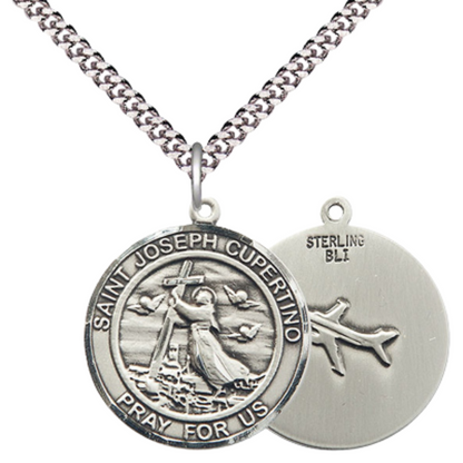 Men's .925 Sterling Silver Saint St. Joseph of Cupertino Medal Pendant Christian Necklace – 1" x ?" – 24 Inch Endless Rhodium Plated Chain – Patron Saint St. of Pilots & Air Force, Catholic Medal – Velvet Gift Box Included
