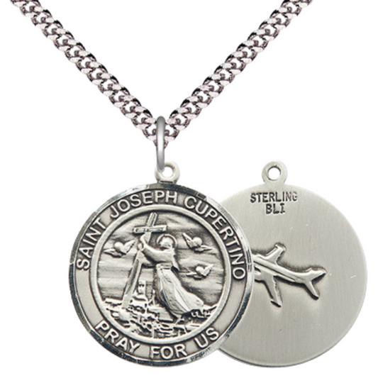 Men's .925 Sterling Silver Saint St. Joseph of Cupertino Medal Pendant Christian Necklace – 1" x ?" – 24 Inch Endless Rhodium Plated Chain – Patron Saint St. of Pilots & Air Force, Catholic Medal – Velvet Gift Box Included