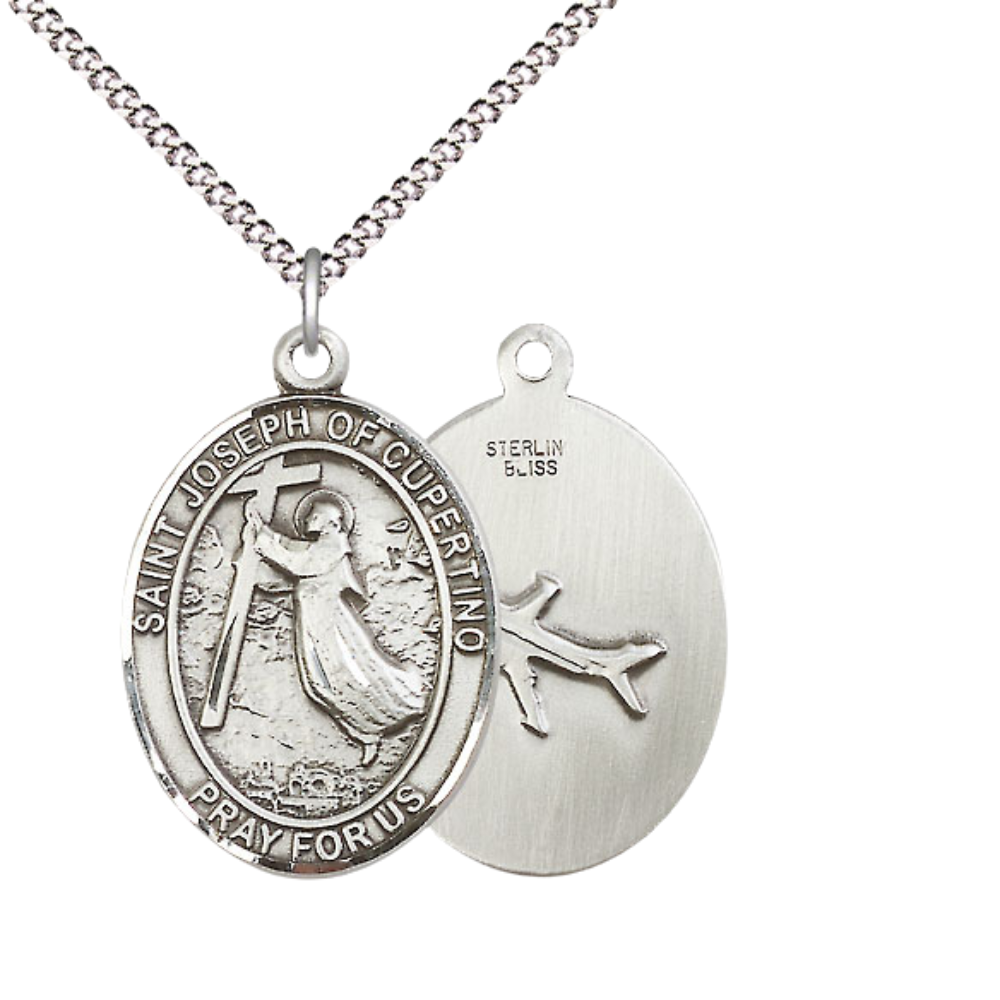 Women's .925 Sterling Silver Patron Saint St. Joseph of Cupertino Medal Pendant with 18 Inch Rhodium Plated Lite Curb Brass Chain Catholic Religious Necklace - Made in USA, Deluxe Velvet Gift Box