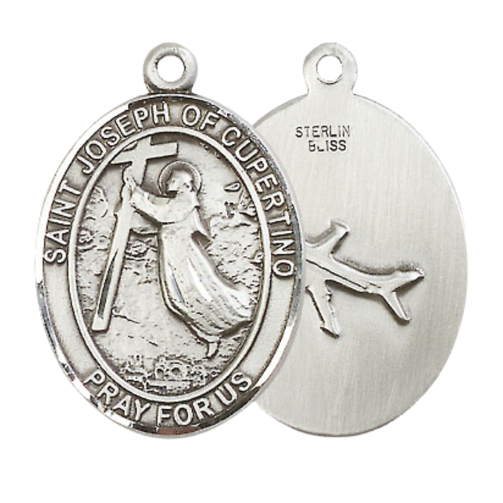 Sterling Silver Saint Joseph of Cupertino Medal – Patron Saint of Pilots & Air Force with 24” Light Rhodium Heavy Curb Chain