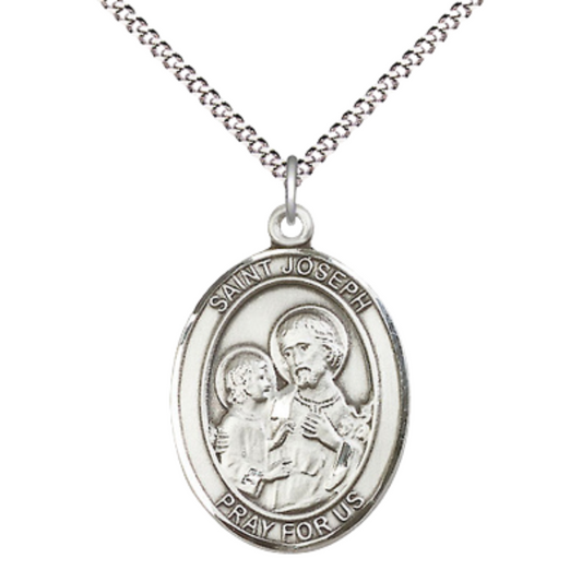Women's Pewter Saint St. Joseph Medal Pendant on 18 Inch Rhodium Plated Lite Curb Brass Chain with Lobster Claw Clasp, Catholic Religious Necklace - Made in USA- Deluxe Velvet Gift Box