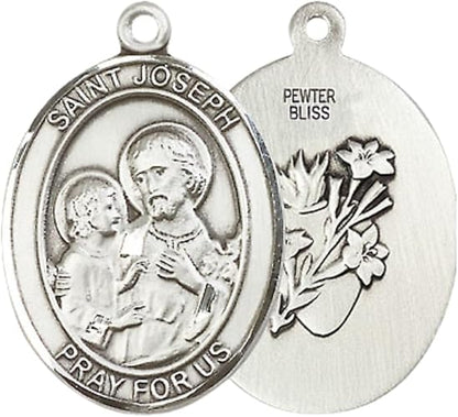 Everlasting Light Jewelry Saint Joseph Oval Patron Saint Medal Necklace Pendant – Men's Pewter 24 -Inch Endless Rhodium Plated Chain – Patron Saint of Carpenters/Dying/Fathers