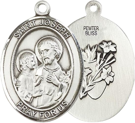 Mens 1 x 3/4" Oval Pewter Saint St. Joseph Medal Pendant on 24 Inch Rhodium Plated Heavy Curb Brass Chain with Lobster Claw clasp, Catholic Religious Necklace - Made in USA - Deluxe Velvet Gift Box