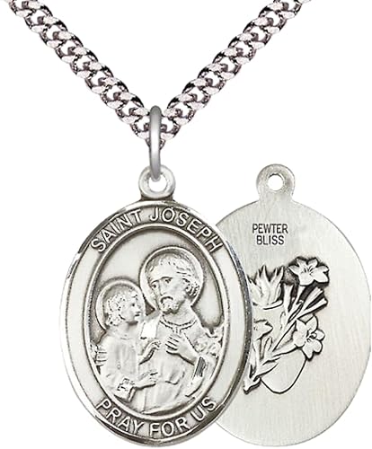 Mens 1 x 3/4" Oval Pewter Saint St. Joseph Medal Pendant on 24 Inch Rhodium Plated Heavy Curb Brass Chain with Lobster Claw clasp, Catholic Religious Necklace - Made in USA - Deluxe Velvet Gift Box