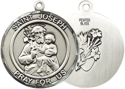 Everlasting Light Jewelry Men's Pewter Saint Joseph Medal Pendant Necklace – 1" x ? – 24" Endless Rhodium Plated Chain – Patron Saint of Carpenters, Fathers & The Dying – Velvet Gift Box Included