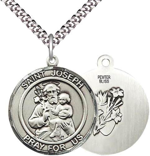 Everlasting Light Jewelry Men's Pewter Saint Joseph Medal Pendant Necklace – 1" x ? – 24" Endless Rhodium Plated Chain – Patron Saint of Carpenters, Fathers & The Dying – Velvet Gift Box Included