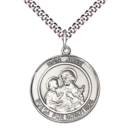 Everlasting Light Jewelry Men's Pewter San Jose Medal Pendant – 1" x ? – 24 Inch Endless Rhodium Plated Chain – Patron Saint St. of Workers & Families – Christian Necklace, Catholic Medal – Velvet Gift Box Included