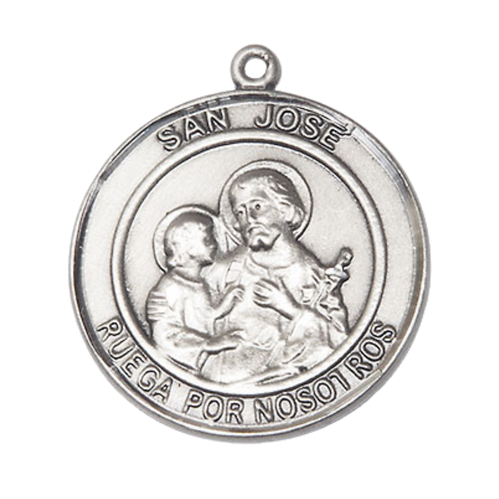 Everlasting Light Jewelry Spanish Script Men's .925 Sterling Silver San Jose Medal Pendant on 24 Inch Endless Rhodium Plated Heavy Curb Chain,Catholic Religious Necklace -Made in USA, Deluxe Velvet Gift Box