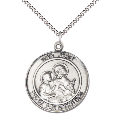Spanish Script Women's .925 Sterling Silver Saint St. Jose Medal Pendant on 18 Inch Rhodium Plated Lite Curb Brass Chain, Catholic Religious Necklace with Lobster Claw Clasp - Made in USA, Comes in Deluxe Velvet Gift Box