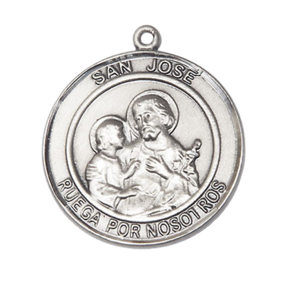Spanish Script Women's Pewter Saint St. Jose Medal Pendant on 18 Inch Rhodium Plated Lite Curb Brass Chain, Catholic Religious Necklace with Lobster Claw Clasp - Made in USA- Deluxe Velvet Gift Box