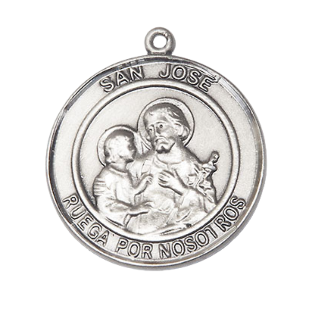 Spanish Script Women's .925 Sterling Silver Saint St. Jose Medal Pendant on 18 Inch Rhodium Plated Lite Curb Brass Chain, Catholic Religious Necklace with Lobster Claw Clasp - Made in USA, Comes in Deluxe Velvet Gift Box