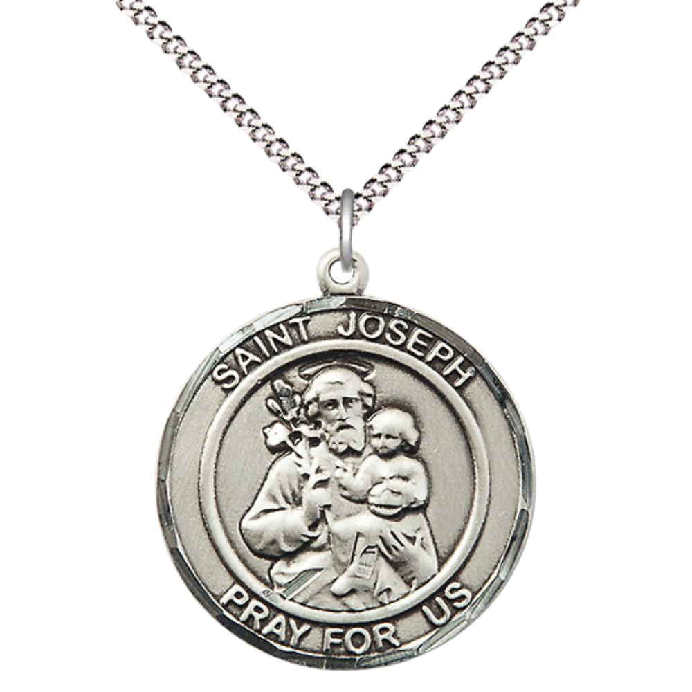 Women's .925 Sterling Silver Saint St. Joseph Medal Pendant on 18 Inch Rhodium Plated Lite Curb Brass Chain with Lobster Claw Clasp, Catholic Religious Necklace - Made in USA- Deluxe Velvet Gift Box