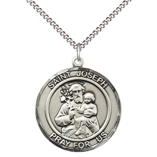 Women's Pewter Saint St. Joseph Medal Pendant on 18 Inch Rhodium Plated Lite Curb Brass Chain with Lobster Claw Clasp, Catholic Religious Necklace - Made in USA- Deluxe Velvet Gift Box