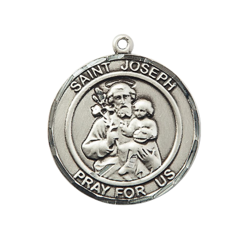 Women's .925 Sterling Silver Saint St. Joseph Medal Pendant on 18 Inch Rhodium Plated Lite Curb Brass Chain with Lobster Claw Clasp, Catholic Religious Necklace - Made in USA- Deluxe Velvet Gift Box
