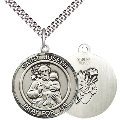 Men's .925 Sterling Silver Saint St. Joseph Medal Pendant Christian Necklace – 1" x ?" – 24 Inch Endless Rhodium Plated Chain – Patron Saint St. of Carpenters, Dying & Fathers, Catholic Medal – Velvet Gift Box Included