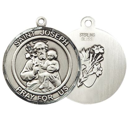 Mens 1 x 7/8" Round Pewter Saint St. Joseph Medal Pendant on 24 Inch Rhodium Plated Heavy Curb Brass Chain with Lobster Claw clasp, Catholic Religious Necklace - Made in USA- Deluxe Velvet Gift Box