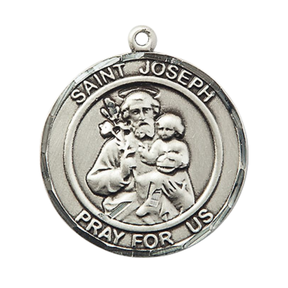 Mens 1 x 7/8" Round Pewter Saint St. Joseph Medal Pendant on 24 inch Rhodium Plated Heavy Curb Brass Chain with Lobster Claw clasp, Catholic Religious Necklace - Made in USA- Velvet Gift Box