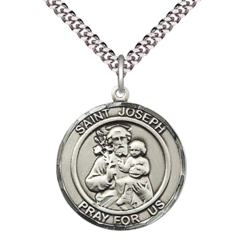 Mens 1 x 7/8" Round Pewter Saint St. Joseph Medal Pendant on 24 inch Rhodium Plated Heavy Curb Brass Chain with Lobster Claw clasp, Catholic Religious Necklace - Made in USA- Velvet Gift Box