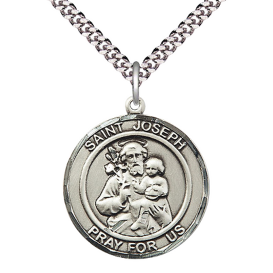 Mens 1 x 7/8" Round Pewter Saint St. Joseph Medal Pendant on 24 inch Rhodium Plated Heavy Curb Brass Chain with Lobster Claw clasp, Catholic Religious Necklace - Made in USA- Velvet Gift Box