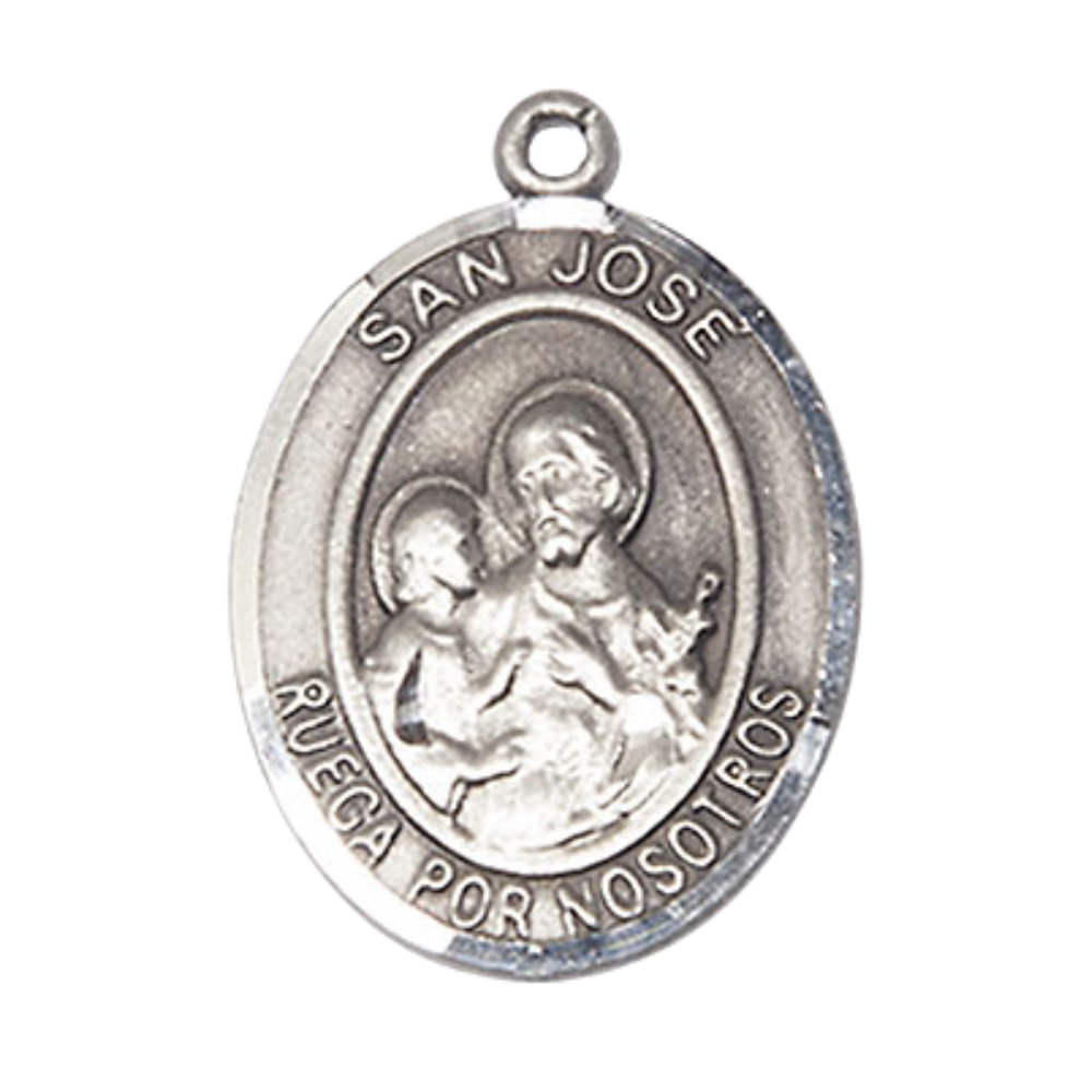 Everlasting Light Jewelry Spanish Script Men's .925 Sterling Silver Saint St. Jose Medal Pendant on 24 Inch Endless Rhodium Plated Heavy Curb Chain, Catholic Religious Necklace - Made in USA - with Deluxe Velvet Gift Box