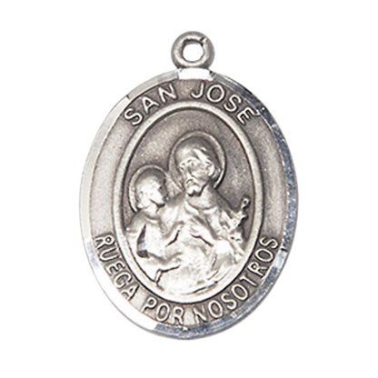 Everlasting Light Jewelry Spanish Script Men's .925 Sterling Silver Saint St. Jose Medal Pendant on 24 Inch Endless Rhodium Plated Heavy Curb Chain, Catholic Religious Necklace - Made in USA - with Deluxe Velvet Gift Box