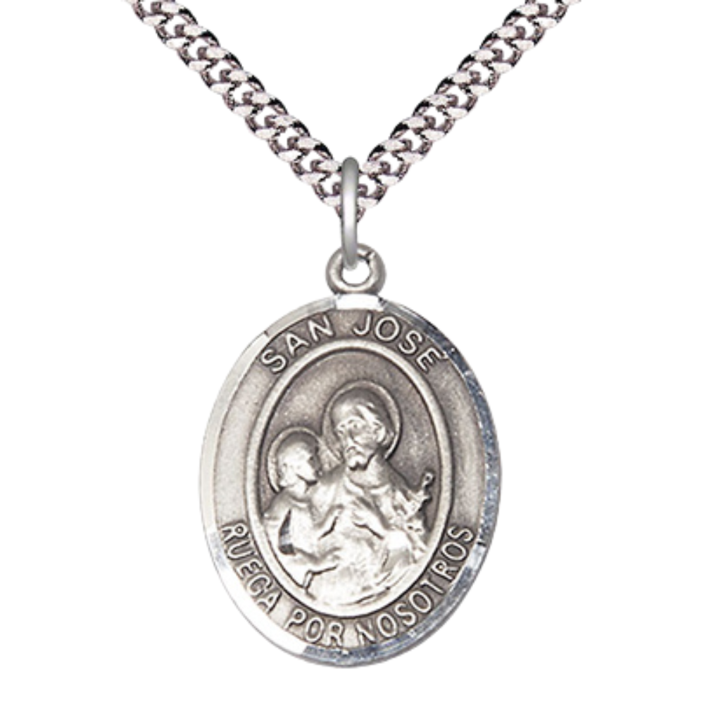 Everlasting Light Jewelry Spanish Script Men's .925 Sterling Silver Saint St. Jose Medal Pendant on 24 Inch Endless Rhodium Plated Heavy Curb Chain, Catholic Religious Necklace - Made in USA - with Deluxe Velvet Gift Box