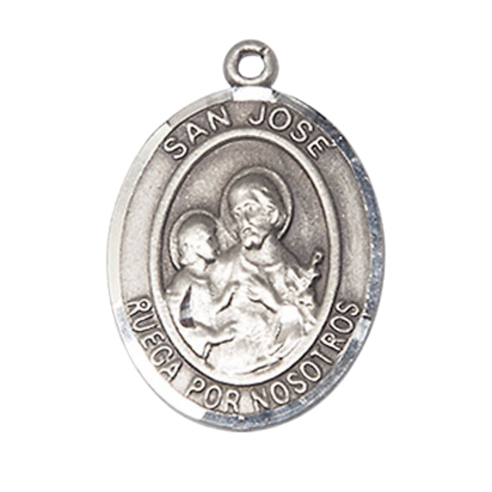 Spanish Script Women's Pewter Saint St. Jose Medal Pendant on 18 Inch Rhodium Plated Lite Curb Brass Chain, Catholic Religious Necklace with Lobster Claw Clasp - Made in USA, Deluxe Velvet Gift Box